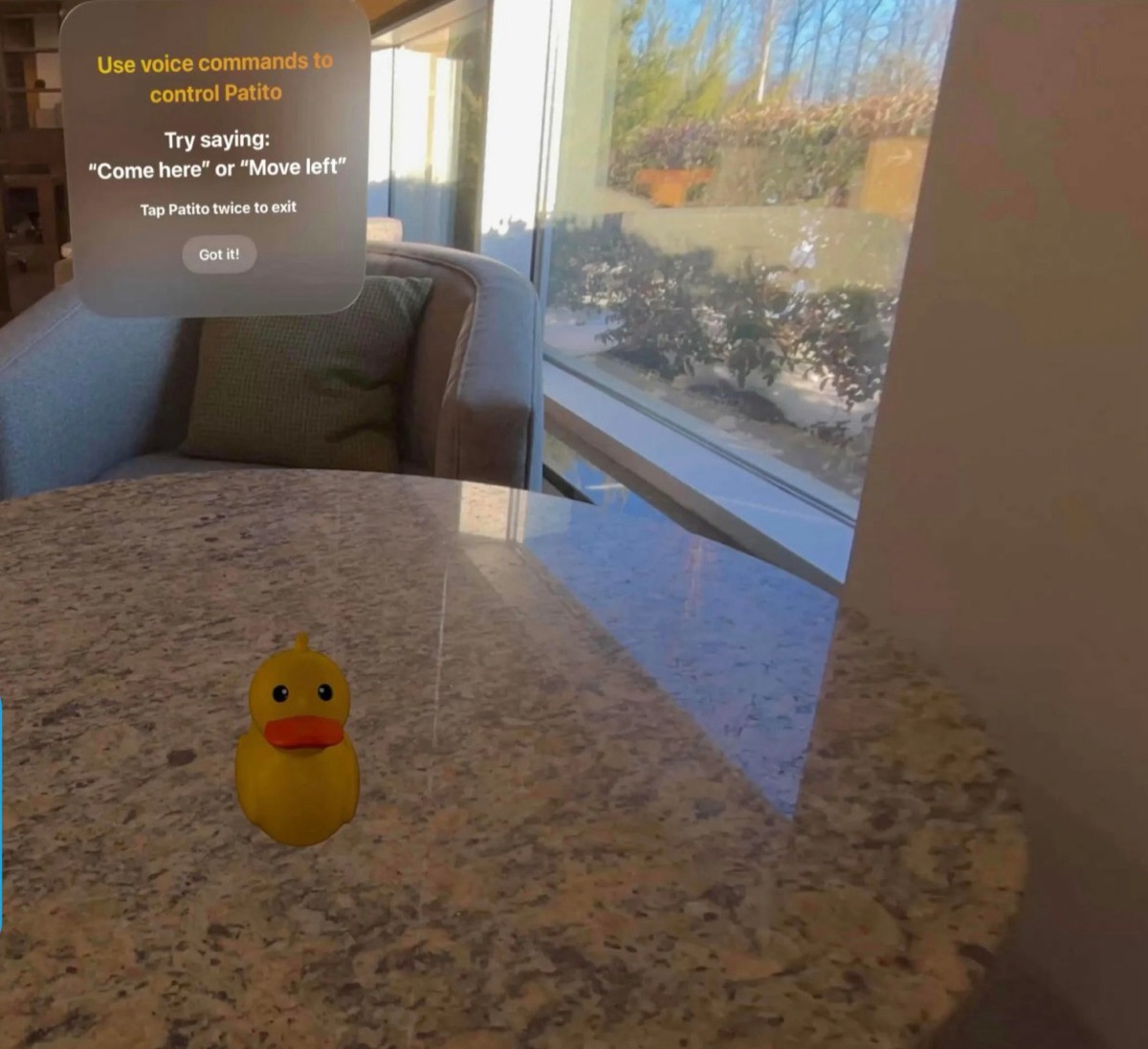 Immersive mode: Patito on a granite table with a panel of voice commands such as Come here and Move left
