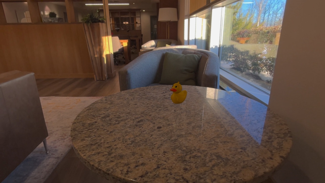 Patito sitting on a table across a sunlit room