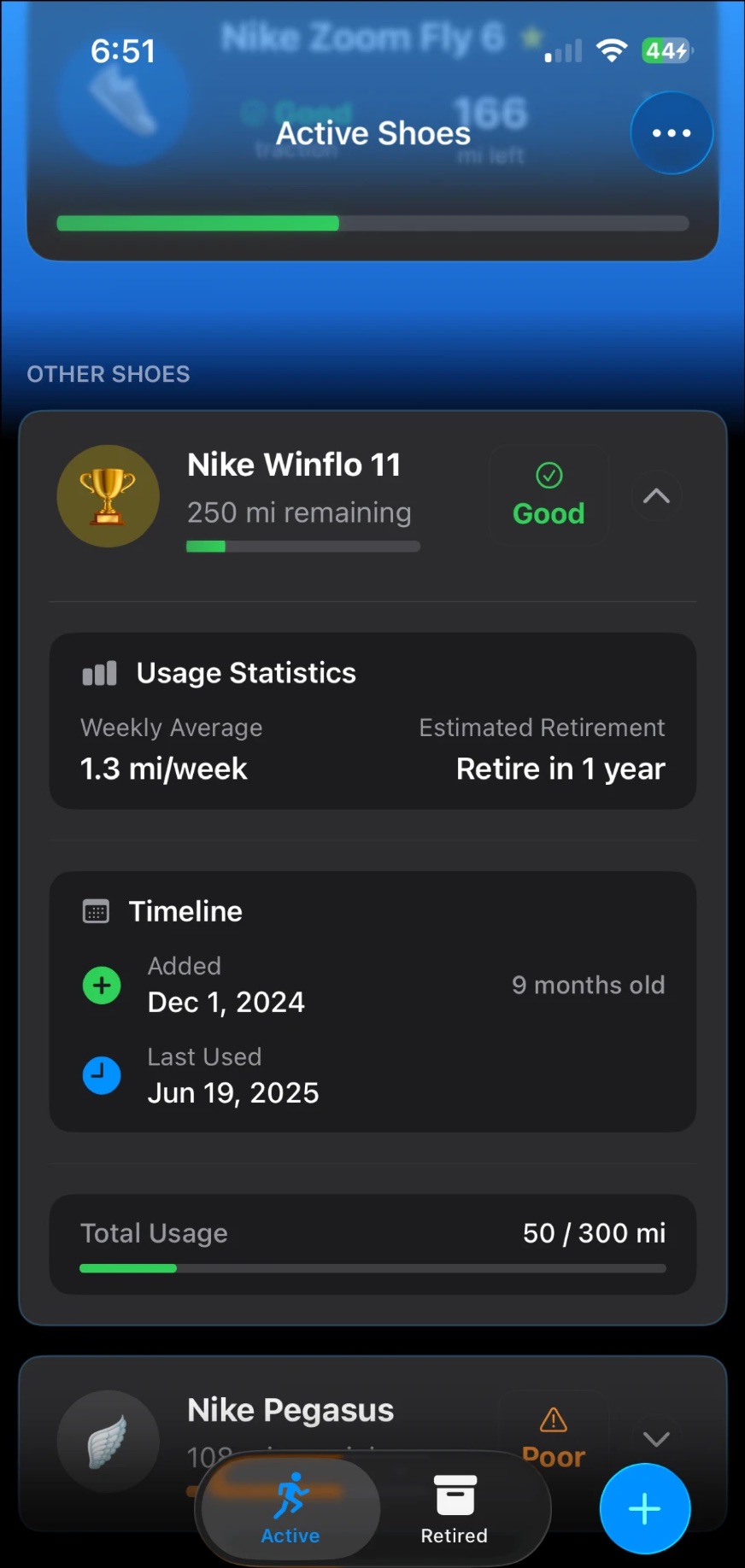 Expanded shoe card with weekly average, estimated retirement and total usage