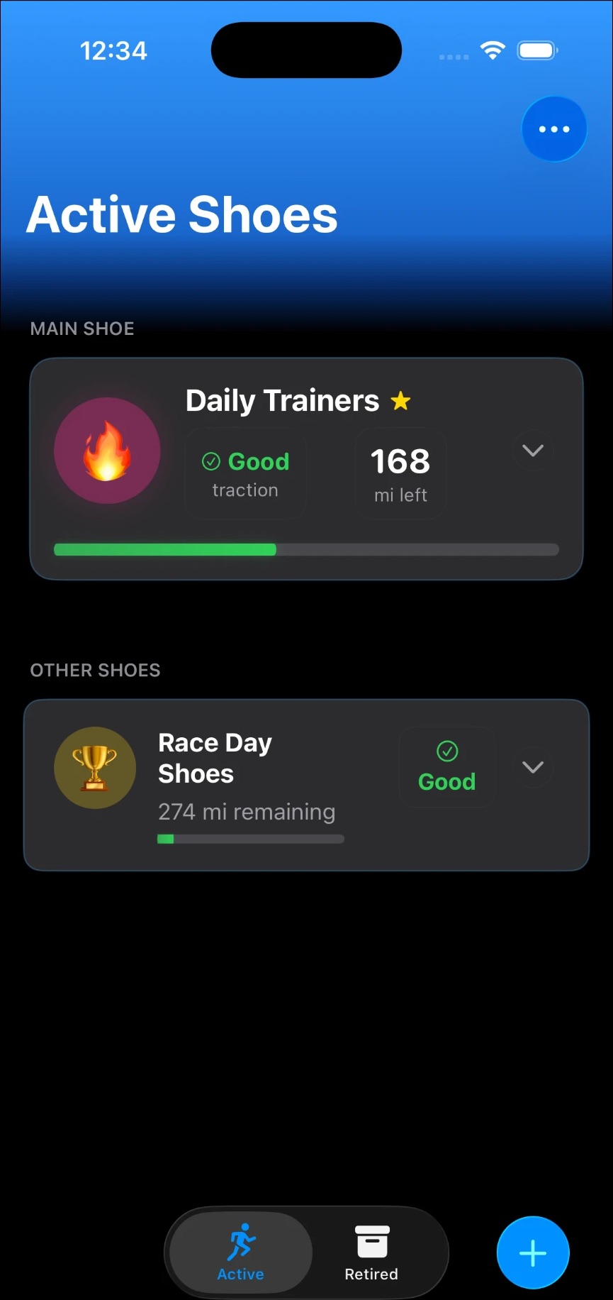 ShoePack home screen showing the main pair with 168 miles left