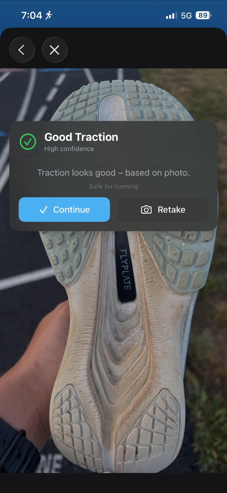 Traction check result on a real running shoe: Good Traction, high confidence